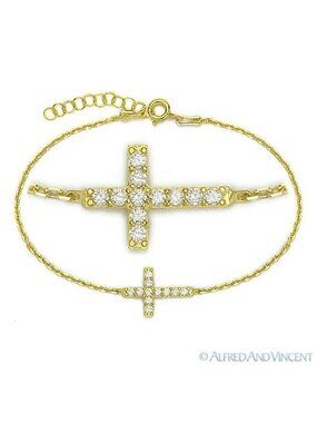 Sideways Cross Cubic Zirconia CZ Crystal Bracelet in .925 Sterling Silver